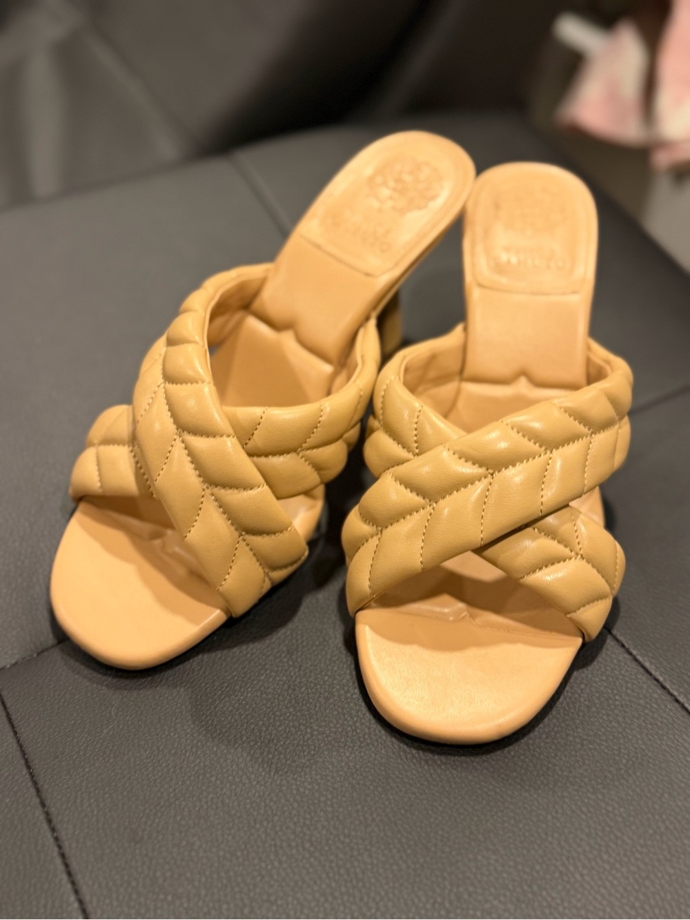 Vince Camuto Quilted Crisscross Slide Heels in Camel Tan